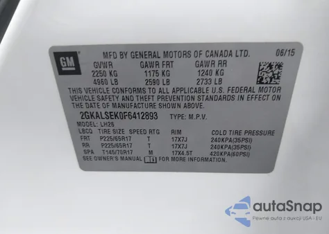 2015 GMC Terrain Slt-1 z USA, uszkodzony, nr VIN 2GKALSEK0F6412893